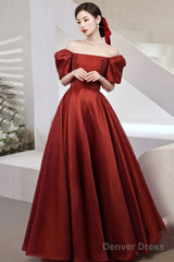 Burgundy Satin Long Prom Dresses, A-Line Short Sleeve Evening Dresses
