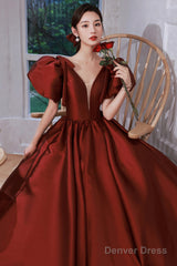 Burgundy Satin Long Prom Dresses, Lovely Puff Sleeve Evening Gown