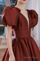 Burgundy Satin Long Prom Dresses, Lovely Puff Sleeve Evening Gown