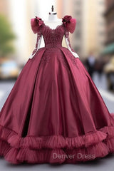 Burgundy Satin Long Sleeve Beading Prom Dresses