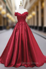 Burgundy Satin Off the Shoulder Appliques Prom Dresses