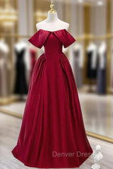 Burgundy Satin Off the Shoulder Long Prom Dresses