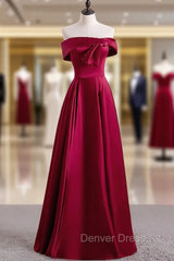 Burgundy Satin Off the Shoulder Pearls Prom Dresses