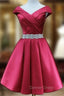 Burgundy Satin Off the Shoulder Pleats Beading Homecoming Dresses