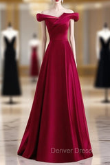 Burgundy Satin Off the Shoulder Pleats Long Prom Dresses