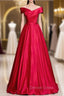Burgundy Satin Off the Shoulder Pleats Prom Dresses