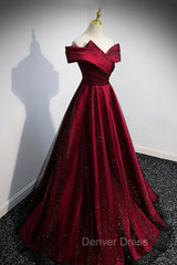Burgundy Satin Off the Shoulder Prom Dresses, A-Line Evening Graduation Dresses