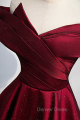 Burgundy Satin Off the Shoulder Prom Dresses, A-Line Evening Graduation Dresses
