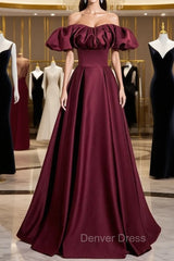 Burgundy Satin Off the Shoulder Puff Sleeve Pleats Prom Dresses