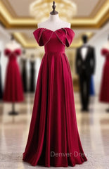 Burgundy Satin Pleats Off the Shoulder Pearls Prom Dresses