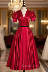 Burgundy Satin Puff Sleeve Backless Short Prom Dresses