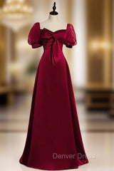 Burgundy Satin Puff Sleeve Beading Bow Prom Dresses