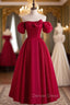 Burgundy Satin Puff Sleeve Bow Prom Dresses