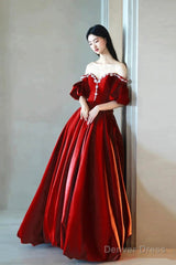 Burgundy Satin Rhinestone Floor Length Prom Dress, A-Line Off-The-Shoulder Princess Party Dress