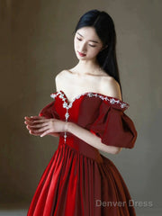 Burgundy Satin Rhinestone Floor Length Prom Dress, A-Line Off-The-Shoulder Princess Party Dress