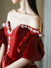 Burgundy Satin Rhinestone Floor Length Prom Dress, A-Line Off-The-Shoulder Princess Party Dress