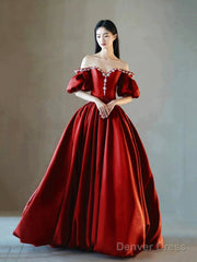 Burgundy Satin Rhinestone Floor Length Prom Dress, A-Line Off-The-Shoulder Princess Party Dress