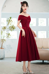 Burgundy Satin Short A-Line Prom Dress, Off The Shoulder Homecoming Party Dress