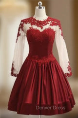 Burgundy Satin Short Lace Elegant Short Cocktail Dresses