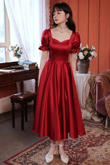 Burgundy Satin Short Prom Dress, Cute A-Line Evening Party Dress
