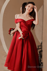 Burgundy Satin Short Prom Dresses, Off The Shoulder Evening Dresses