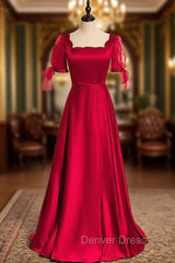 Burgundy Satin Short Sleeve Beading Prom Dresses