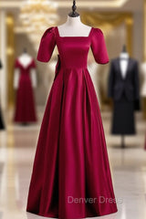 Burgundy Satin Short Sleeve Bow Prom Dresses
