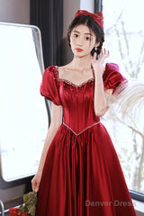 Burgundy Satin Short Sleeve Prom Dress, A-Line Graduation Dress