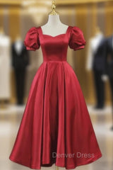 Burgundy Satin Short Sleeve Prom Dresses