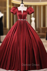 Burgundy Satin Short Sleeve Puff Sleeve Quinceanera Dresses