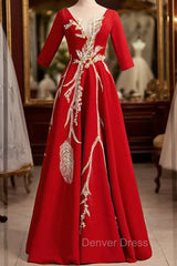 Burgundy Satin Short Sleeve Sequins Appliques Prom Dresses