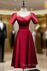 Burgundy Satin Short Sleeve Tea Length Prom Dresses