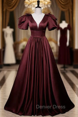 Burgundy Satin Short Sleeve V-neck Prom Dresses