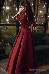 Burgundy Satin Short Sleeves A-Line Floor Length Prom Dress, Burgundy Party Dress