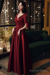 Burgundy Satin Short Sleeves A-Line Floor Length Prom Dress, Burgundy Party Dress