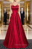 Burgundy Satin Spaghetti Straps Beading Prom Dresses