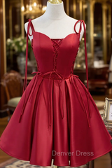 Burgundy Satin Spaghetti Straps Homecoming Dresses