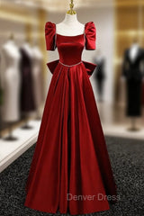 Burgundy Satin Square Neck Short Sleeve Bow Prom Dresses