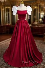 Burgundy Satin Square Neck Short Sleeve Prom Dresses