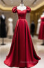 Burgundy Satin Square Puff Sleeve Beding Prom Dresses