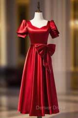 Burgundy Satin Square Puff Sleeve Pearls Bow Prom Dresses