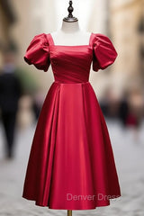 Burgundy Satin Square Puff Sleeve Prom Dresses