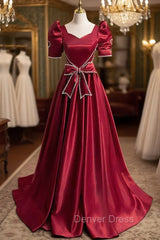 Burgundy Satin Square Short Sleeve Bow Prom Dresses