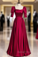 Burgundy Satin Square Short Sleeve Pearls Prom Dresses