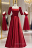 Burgundy Satin Square Short Sleeve Prom Dresses With Bow