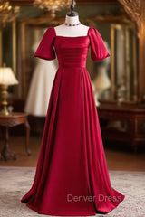 Burgundy Satin Square Short Sleeve Prom Dresses