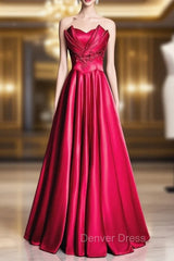 Burgundy Satin Strapless Beading Prom Dresses