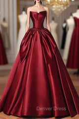 Burgundy Satin Strapless Bow Prom Dresses