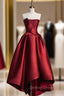 Burgundy Satin Strapless Prom Dresses