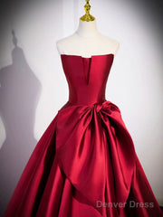 Burgundy Satin Strapless Long Prom Dress, Beautiful A-Line Evening Party Dress